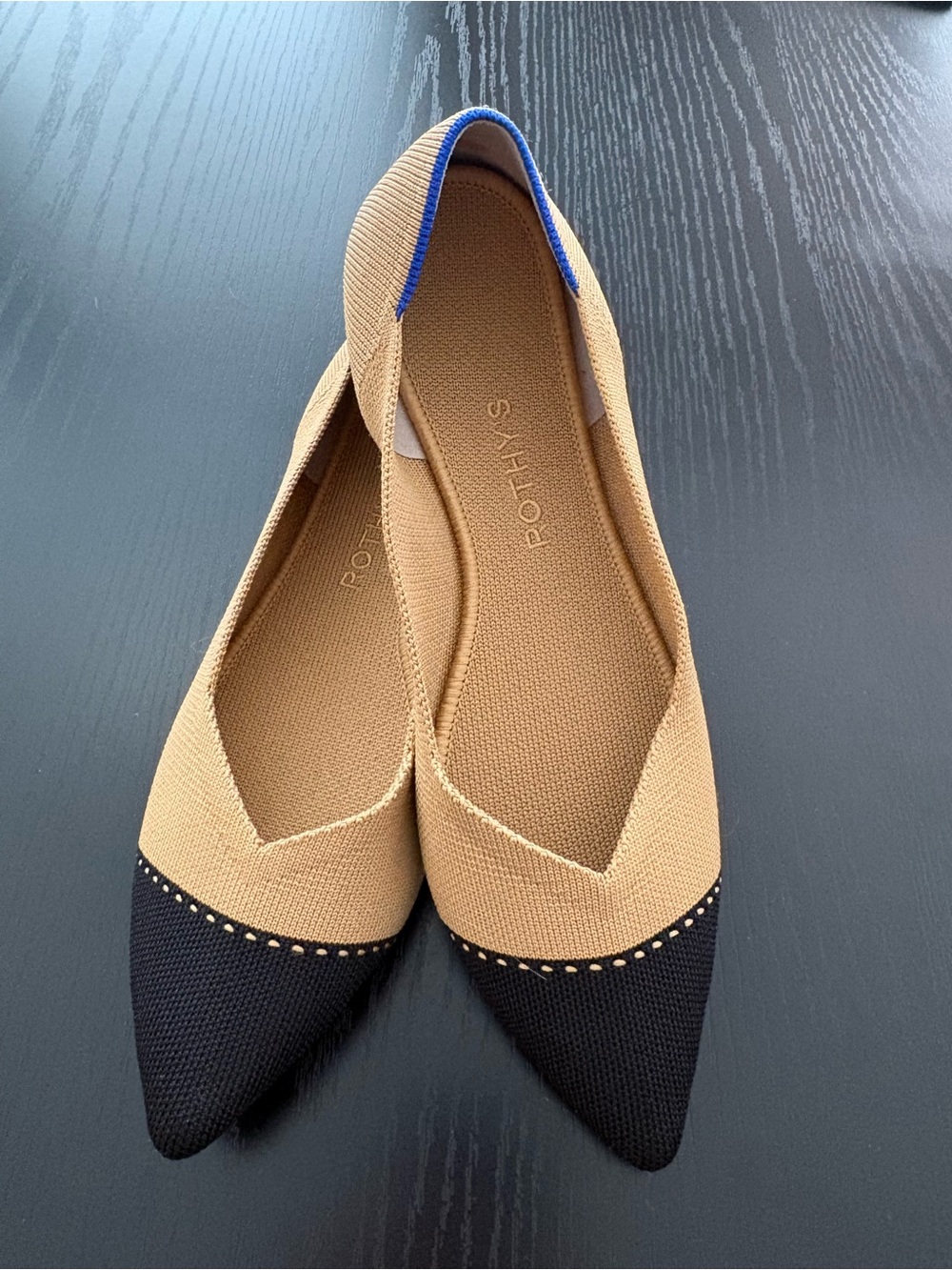 Rothy's The Point II Flats – Camel Captoe (tan and black), Size 10.5